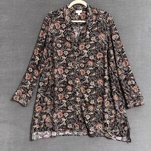 J Jill Top XL Brown Green Paisley Floral Tunic Button Boho Pockets Long Sleeve